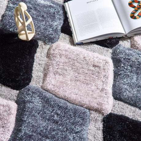 Stylish Shaggy Rug with geometric patterns in grey and beige, perfect for modern living spaces