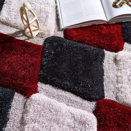 Vibrant Shaggy Rug with Geometric Patterns in Red, Black, and White for Modern Home Decor