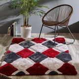 Colourful Shaggy Rug with Geometric Pattern in Red, Grey and White for Stylish Home Decor
