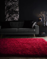 Vibrant red shaggy rug placed under a sofa in a stylish living room setting