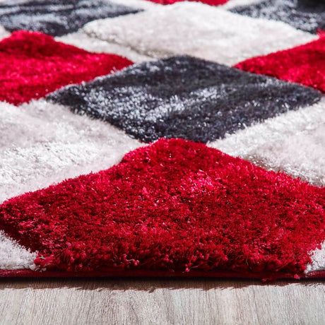 Colourful Shaggy Rug with a Geometric Pattern in Red, Black, and White Suitable for Home Decor