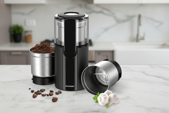 Black Coffee and Spice Grinder with stainless steel containers for efficient grinding in the kitchen