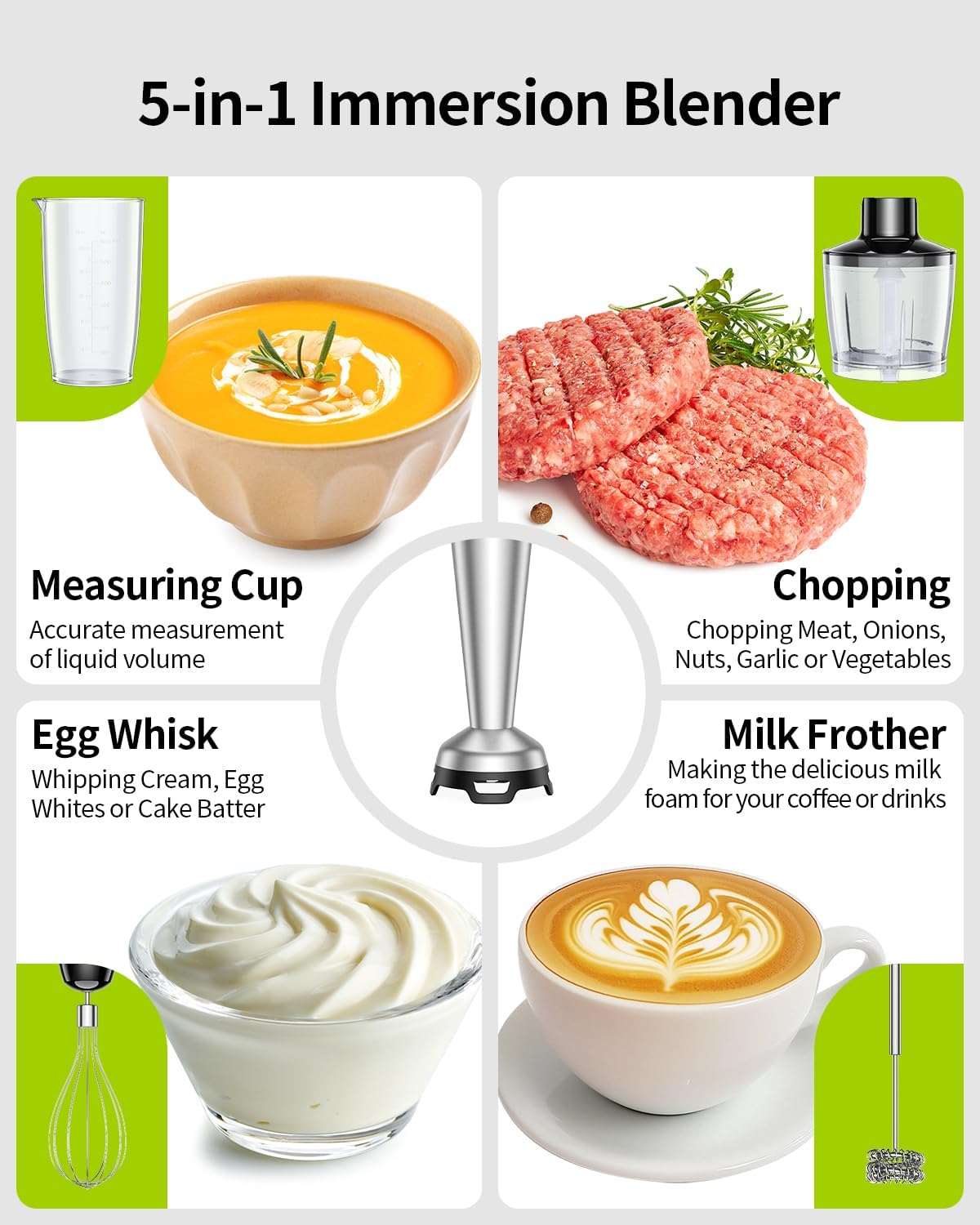 5-in-1 immersion Hand Blender with measuring cup, egg whisk, chopper, and milk frother features