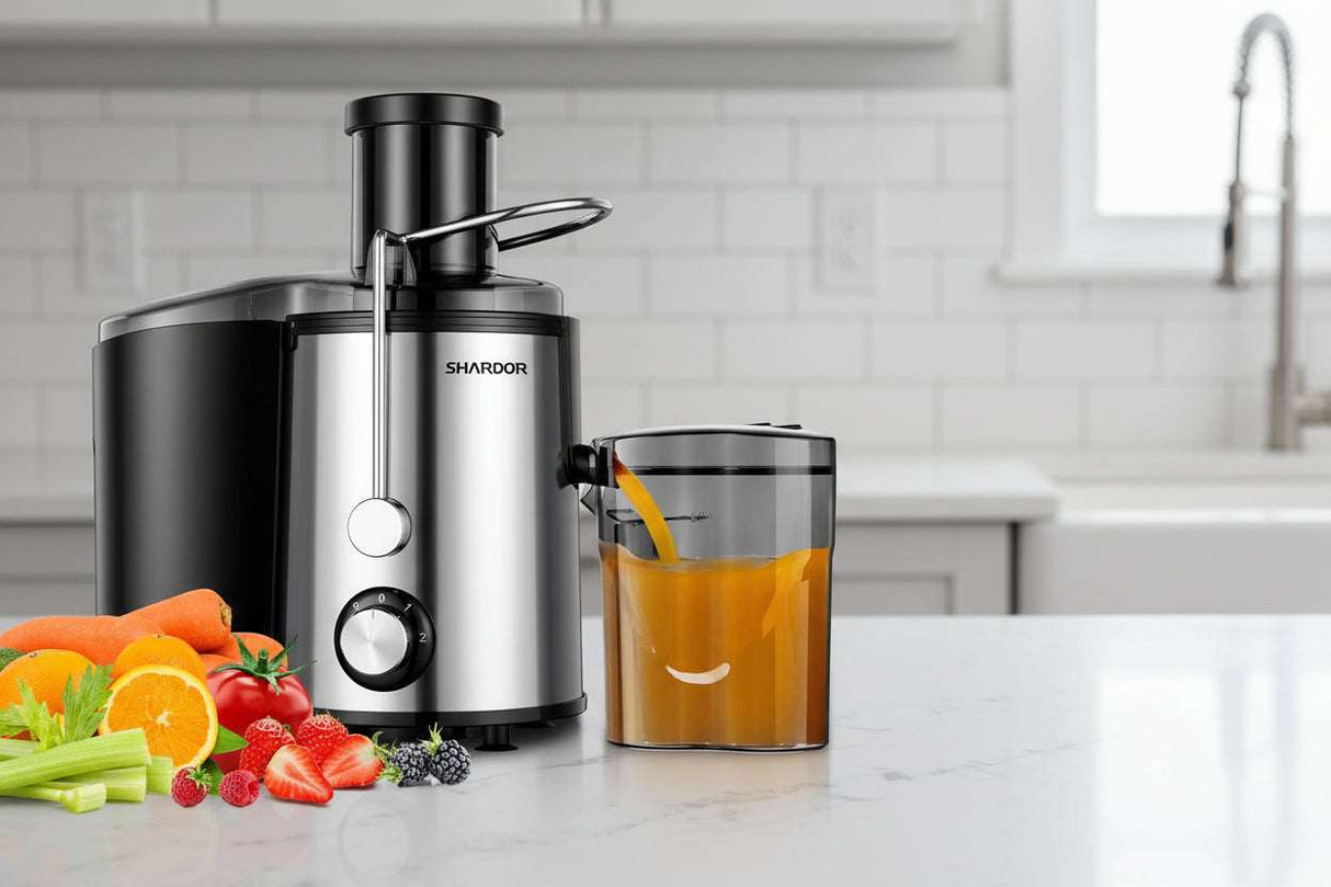 Shardor Juicer Machine in black and silver with fresh fruits and vegetables for healthy juice making