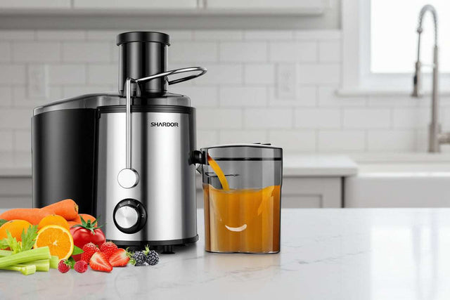 Shardor Juicer Machine in black and silver with fresh fruits and vegetables for healthy juice making