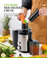 Juicer machine with a 3 inch wide mouth feed chute for easy juicing of whole fruits and vegetables