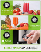 Juicer machine with three speed adjustment settings for soft and hard fruits and vegetables
