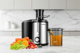 Sharpor Juicer Machine with black and silver design, fresh juice, and assorted fruits and vegetables