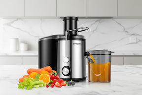 Sharpor Juicer Machine with black and silver design, fresh juice, and assorted fruits and vegetables