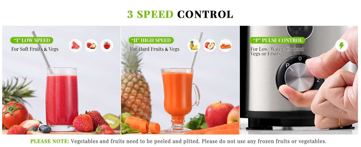 Juicer Machine with three speed settings for soft and hard fruits and vegetables