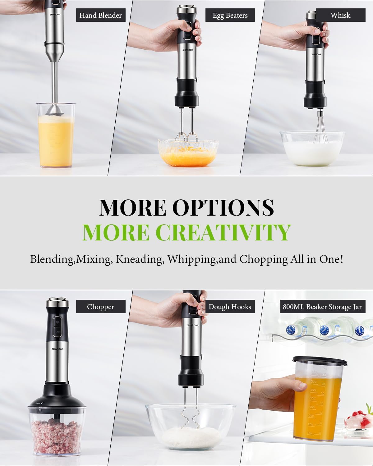 Versatile Stick Blender with multiple attachments for blending, whisking, and chopping ingredients