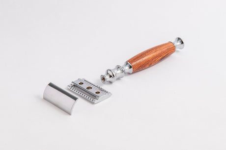 Eco Bath London Shaving Set featuring a wooden handle razor with a chrome finish