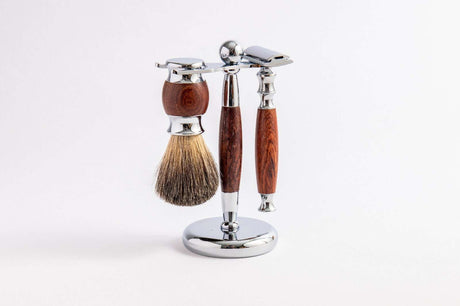 Eco Bath London Shaving Set featuring a brush, razor, and stand with wooden handles
