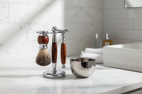 Eco Bath London Shaving Set featuring a chrome stand, wooden handle brush, and stainless steel bowl