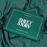 SHEET STORY complete bedding set packaging featuring the Ackly Bamboo Collection in elegant green box
