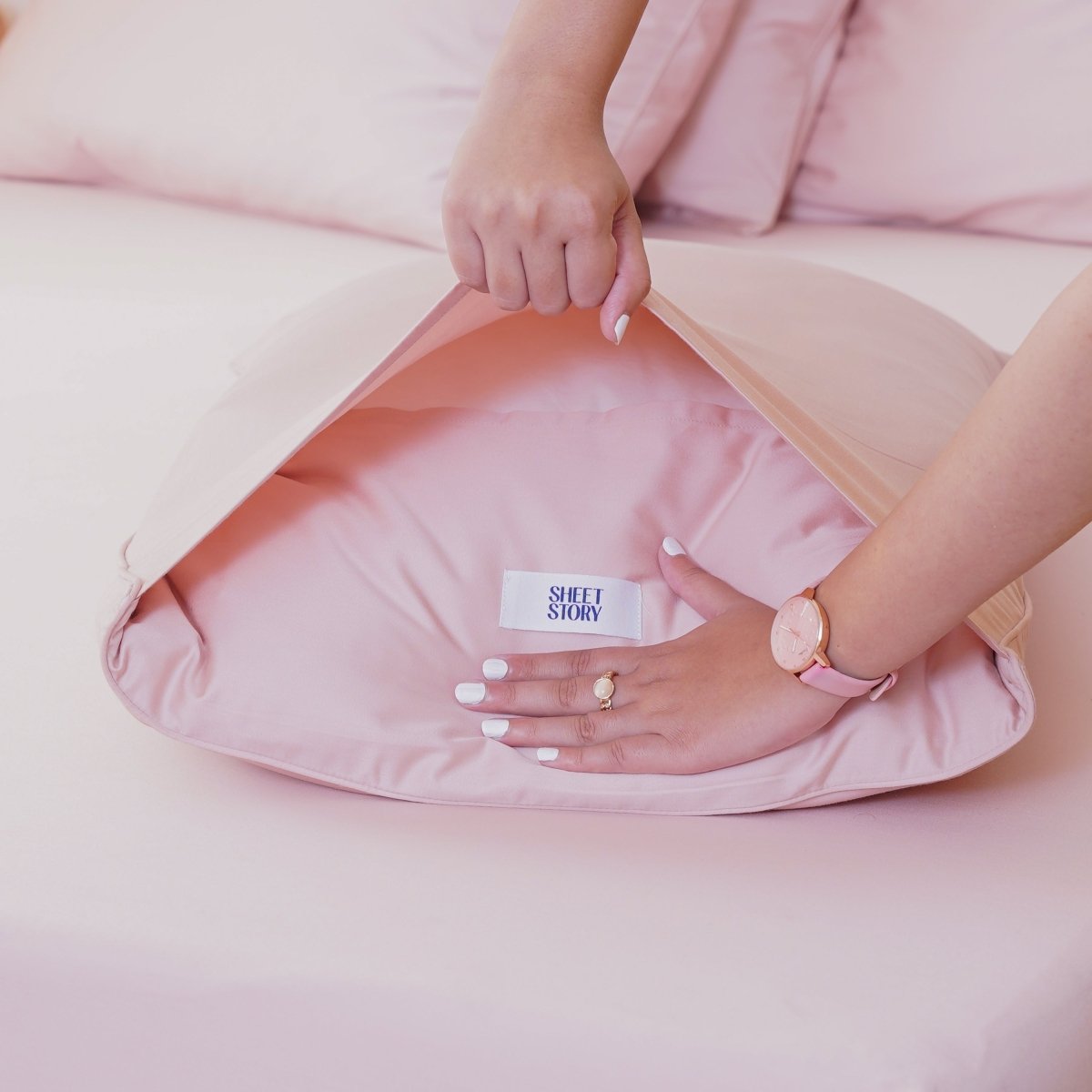 Complete Bedding Set by SHEET STORY featuring soft, pink pillowcases and elegant design