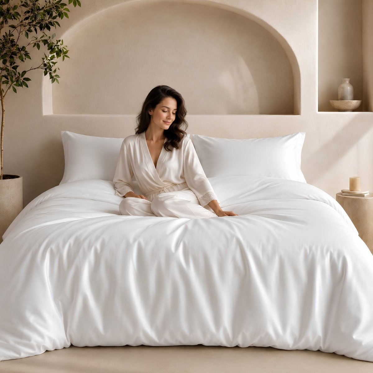 SHEET STORY Duvet Cover Set displayed on a large bed with a woman in a white robe, creating a serene atmosphere