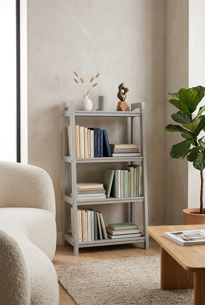 Orsina Shelf Unit in Grey Displaying Books and Decorative Items in a Modern Living Room