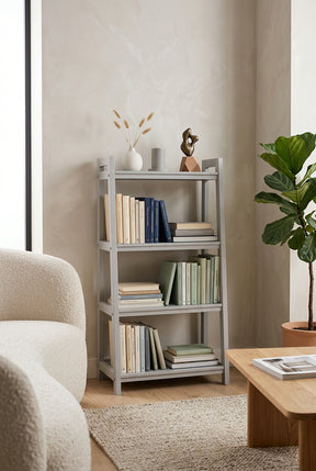 Orsina Shelf Unit in Grey Displaying Books and Decorative Items in a Modern Living Room