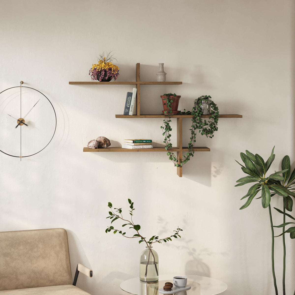 Decortie Floating Shelf in natural wood finish with decorative plants and books for modern interiors