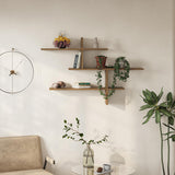 Decortie Floating Shelf in natural wood finish with decorative plants and books for modern interiors