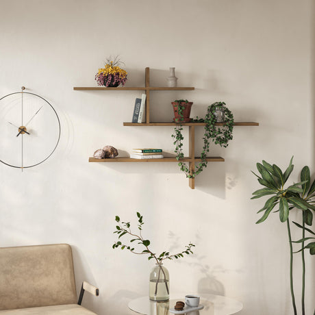 Decortie Floating Shelf in natural wood finish with decorative plants and books for modern interiors