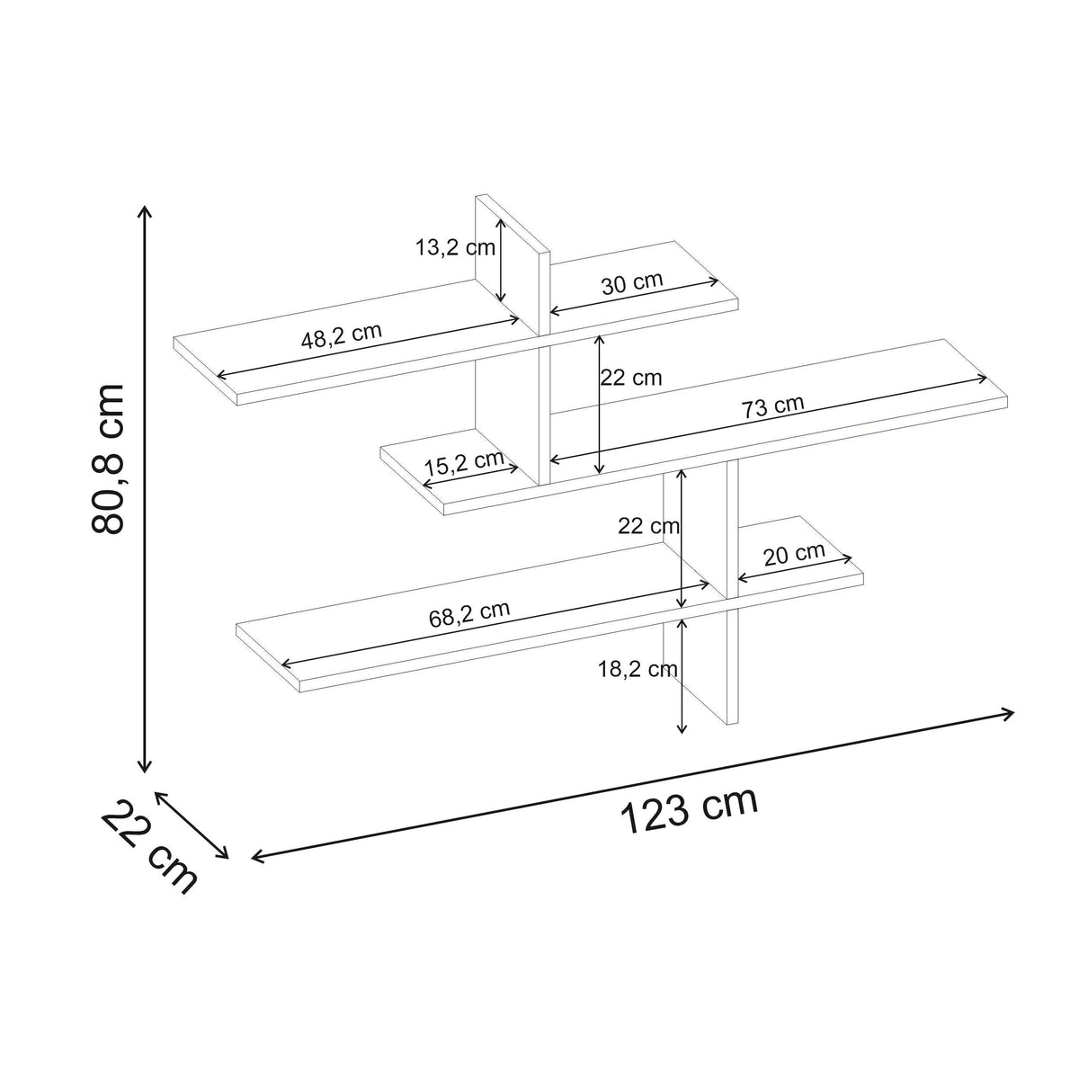 Decortie Floating Shelf with three levels, measuring 123 cm in width and 80.8 cm in height