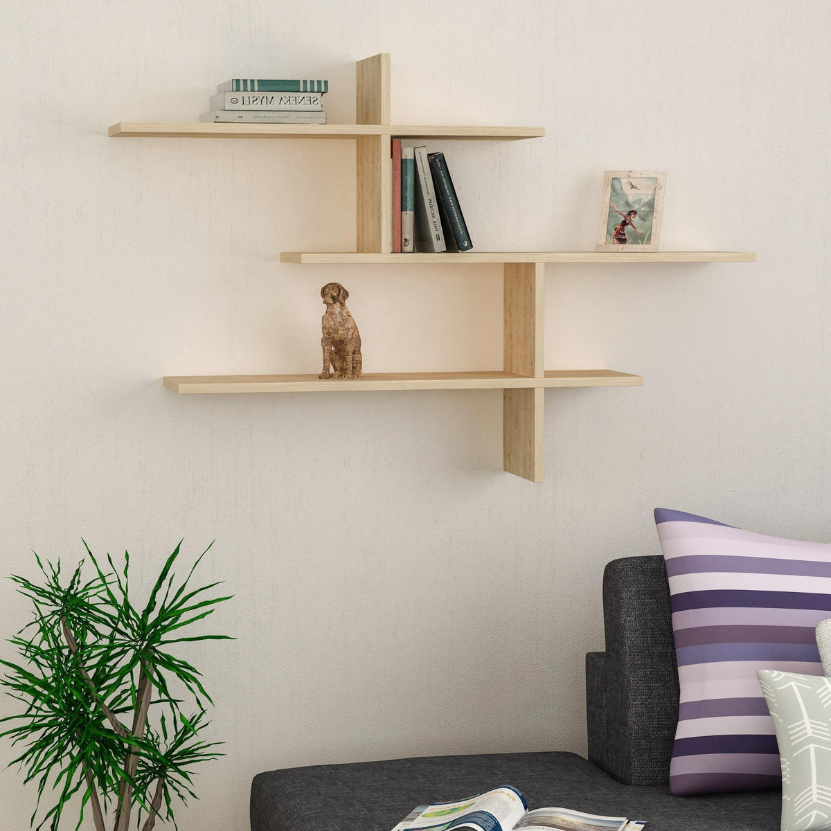 Decortie Floating Shelf in natural wood finish with unique design for stylish wall storage