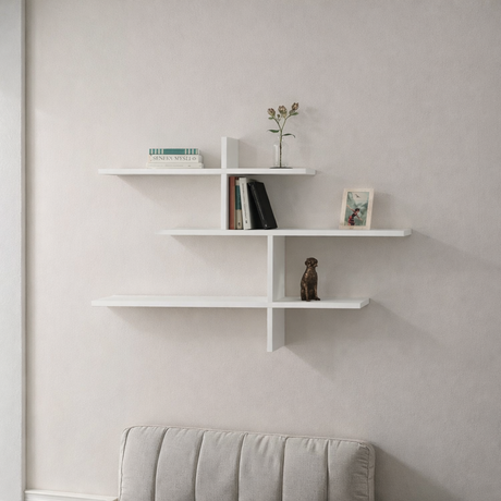 Decortie Floating Shelf in white with multiple tiers for books and decorative items