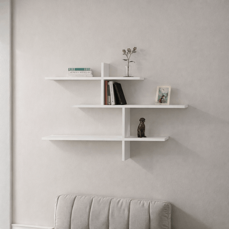 Decortie Floating Shelf in white with multiple tiers for books and decorative items