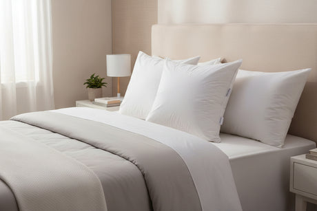PillowPillow Goose Down Pillow set on a neatly made bed with light bedding and soft lighting