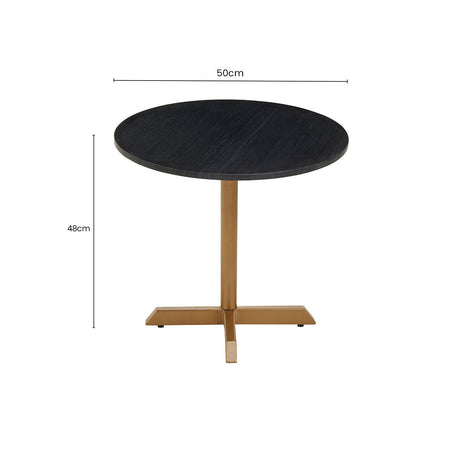 Orsina Side Table with a black round top and gold metal base, measuring 50cm wide and 48cm high