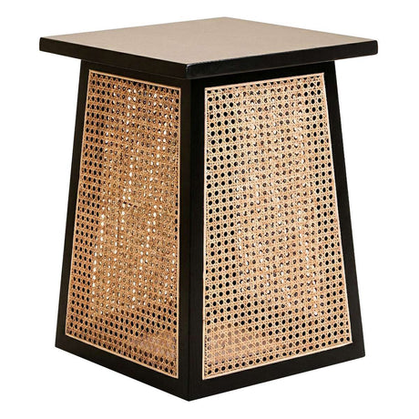 Orsina Side Table with a stylish black frame and natural cane woven sides for a modern touch
