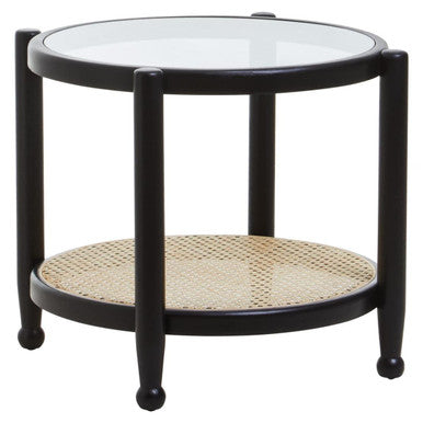 Orsina modern side table with a glass top and woven rattan shelf in black finish
