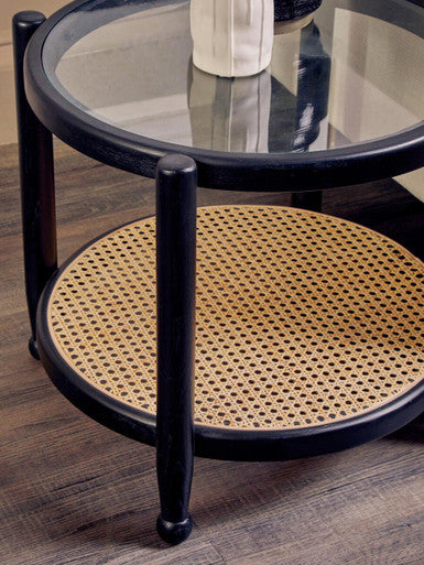 Orsina Black Side Table with Glass Top and Rattan Lower Shelf for Stylish Living Rooms