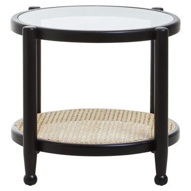 Orsina Side Table with a Glass Top and Rattan Shelf for Stylish Home Decor