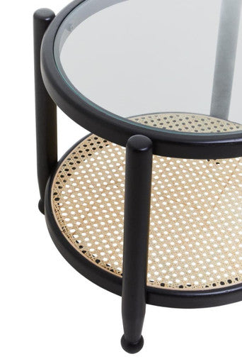 Orsina Side Table with Glass Top and Rattan Shelf for Modern Living Spaces