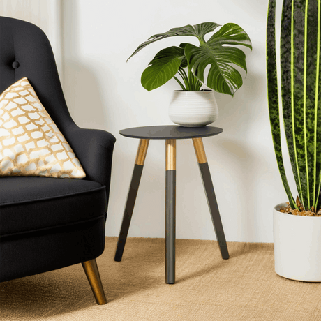 Stylish Orsina Side Table with Gold Accents next to a Black Sofa and Potted Plant