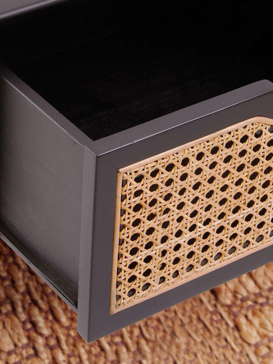 Orsina Side Table featuring a stylish woven drawer front with modern black finish