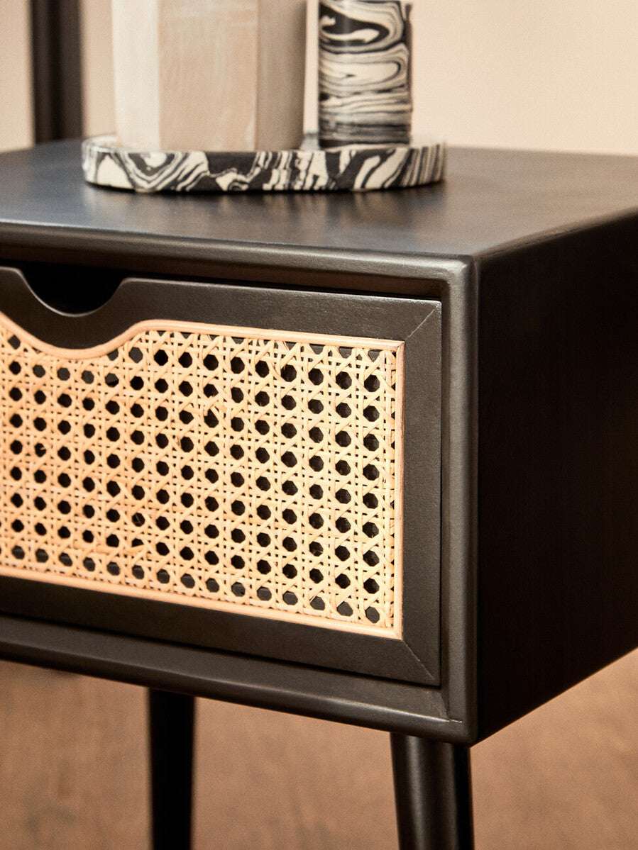 Orsina Side Table in Black with Rattan Drawer and Elegant Design for Modern Bedrooms