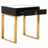 Orsina stylish side table with a black finish, gold legs, and a single drawer for storage