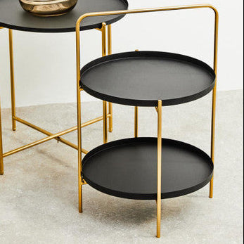 Orsina black metal side table with two circular trays and gold frame for modern decor