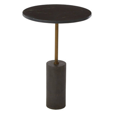 Orsina Side Table with a round black marble top and a sturdy brass and stone base