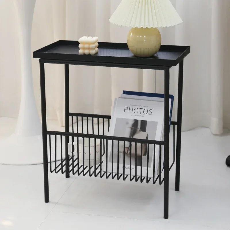 Nisu Home Black Metal Side Table with Tray Top and Magazine Storage Shelf