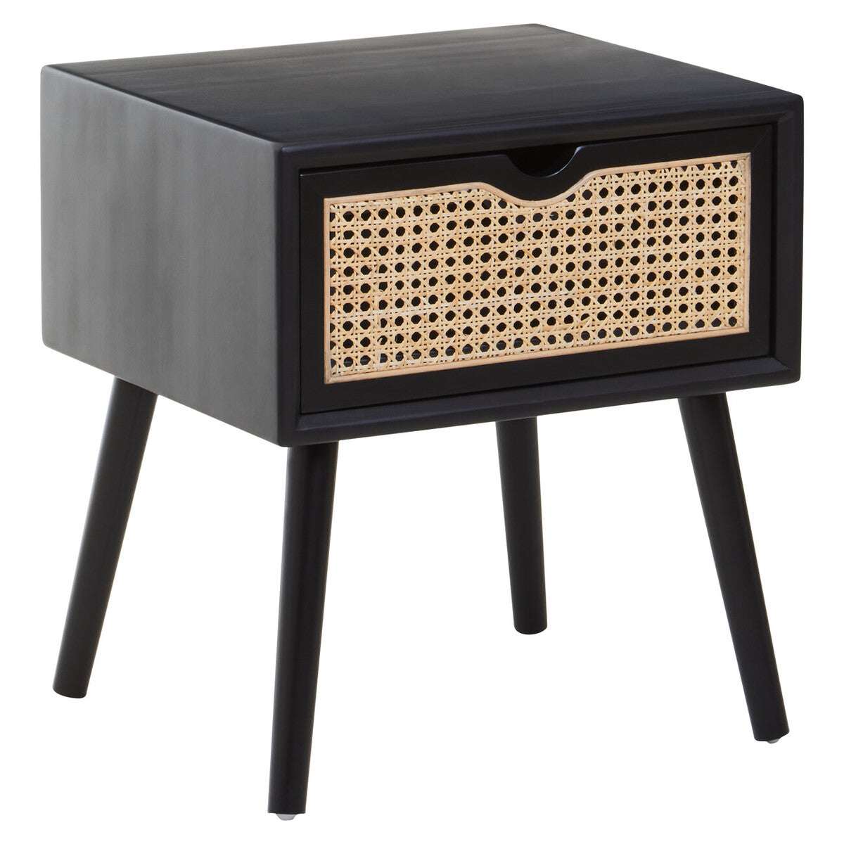 Orsina Black Side Table with Cane Drawer and Mid-Century Style Legs for Bedroom Decor