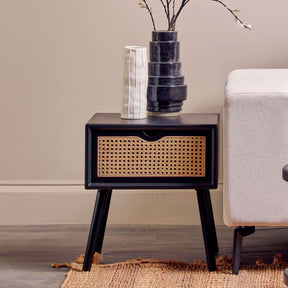 Orsina Side Table with Rattan Drawer and Modern Design for Bedroom or Living Room Decor
