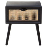 Orsina Black Side Table with Cane Drawer for Modern Bedroom Decor