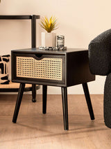 Orsina Side Table in black with woven gold drawer and stylish legs for modern interiors
