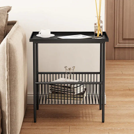 Modern Nisu Home Side Table with Metal Frame and Under-Shelf for Storage in Living Room