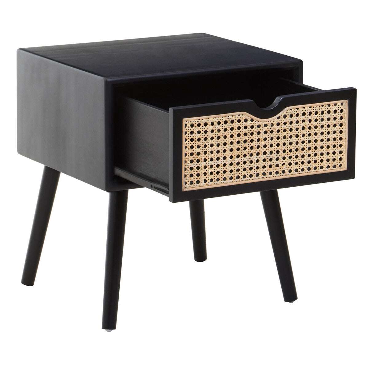 Orsina Side Table in black wood with a woven cane drawer and slim legs